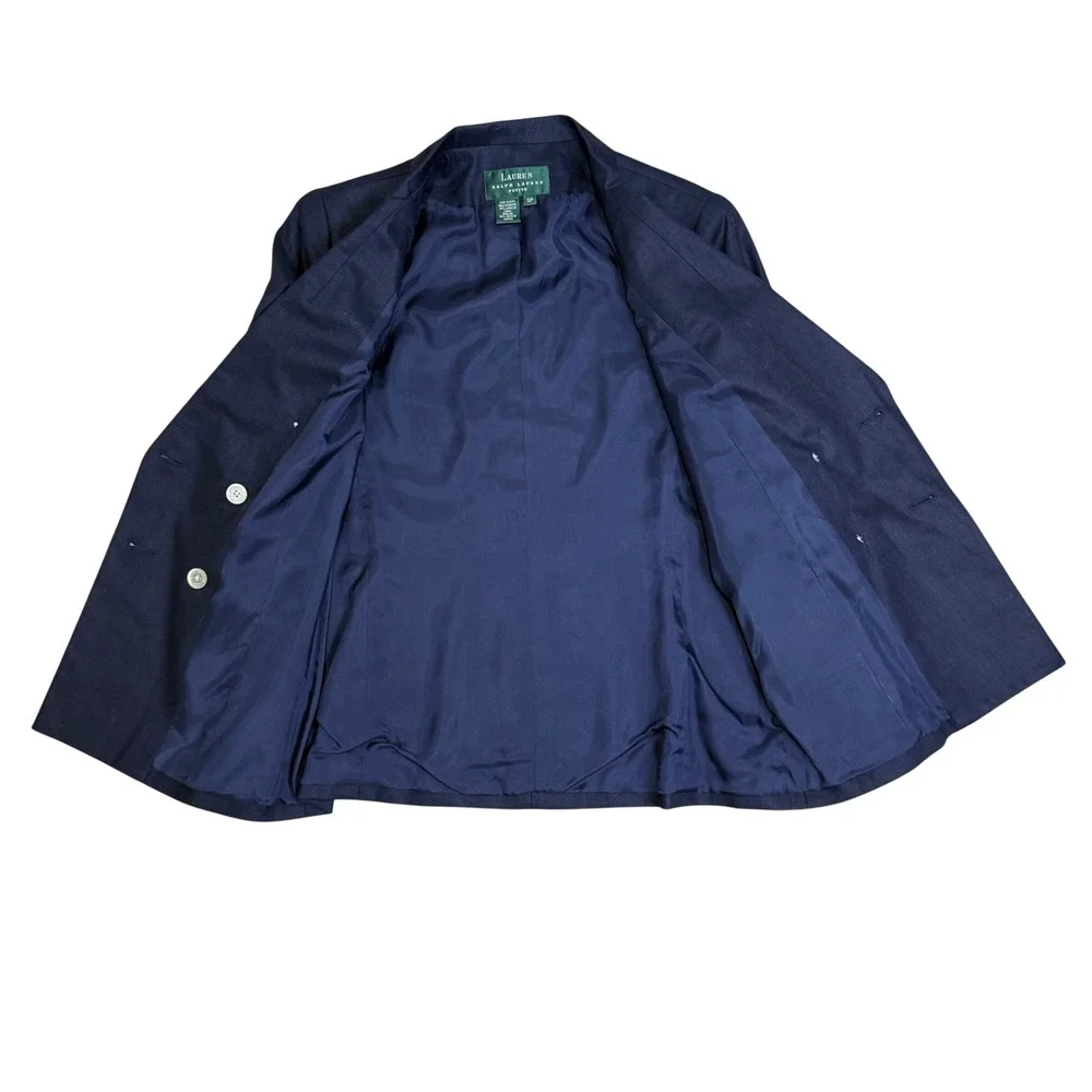 Lauren Ralph Lauren Skirt Suit Womens 12P Navy Blue Linen Double Breasted Blazer